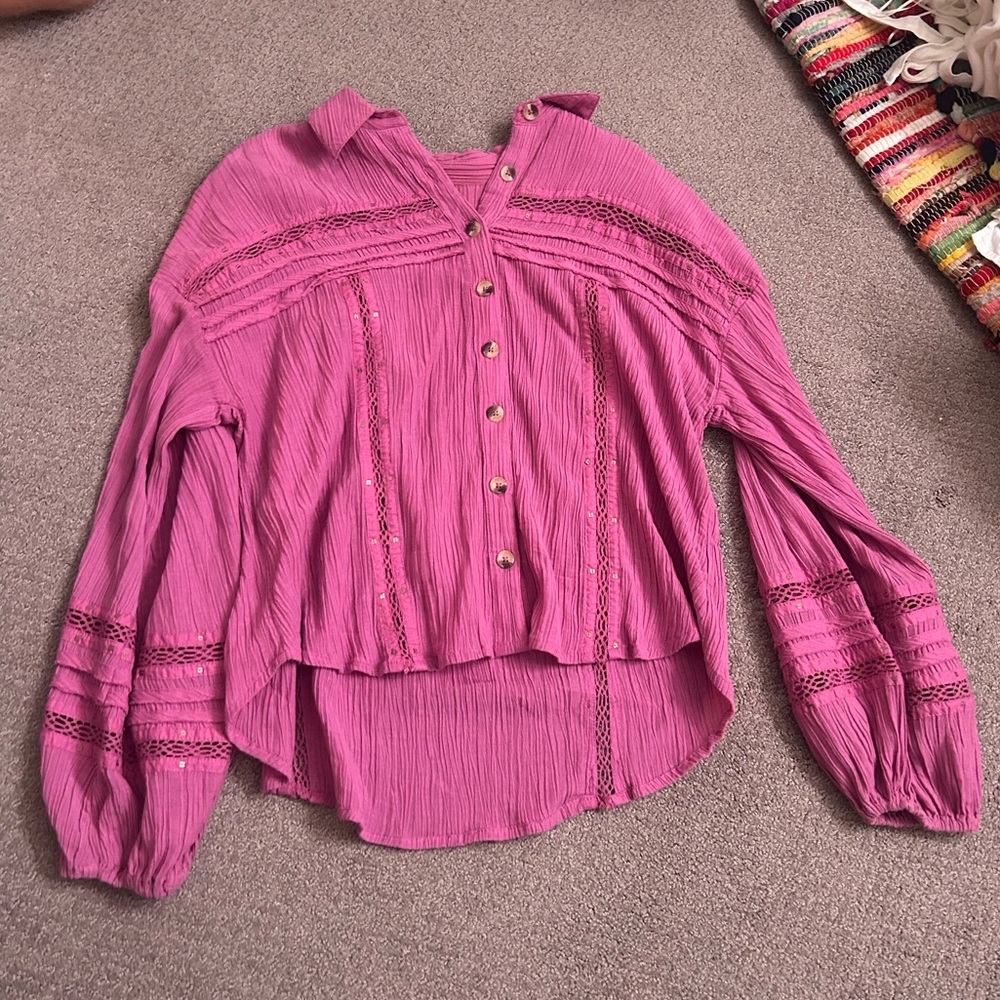 Free People Pink Puff Sleeve Blouse with Notched Collar